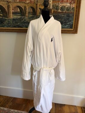 Ralph Lauren Men’s White Terry Robe with Navy Polo Pony Size XL